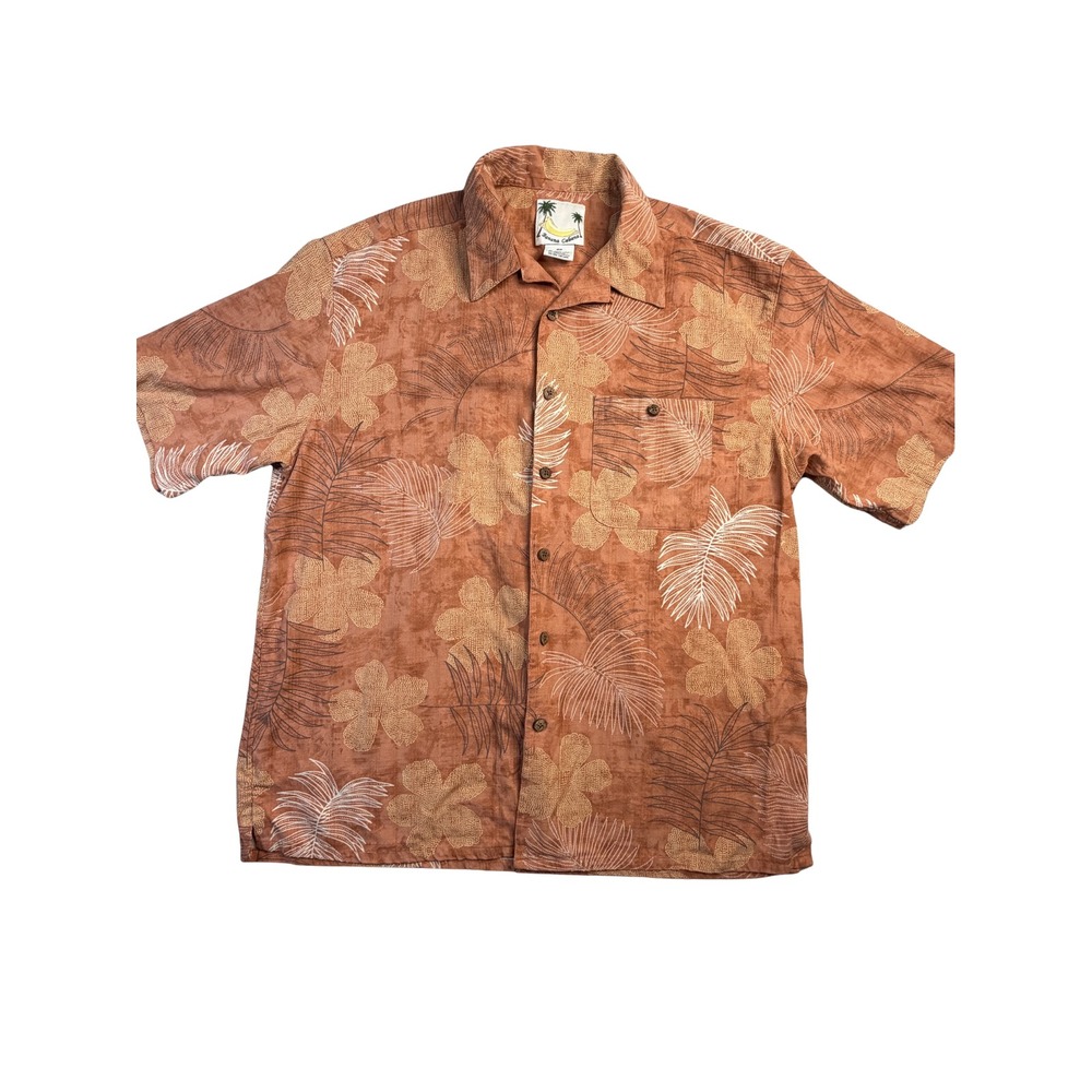 Banana Cabana Mens XL Silk Tropical Floral Palm Button Down Shirt Rust Orange